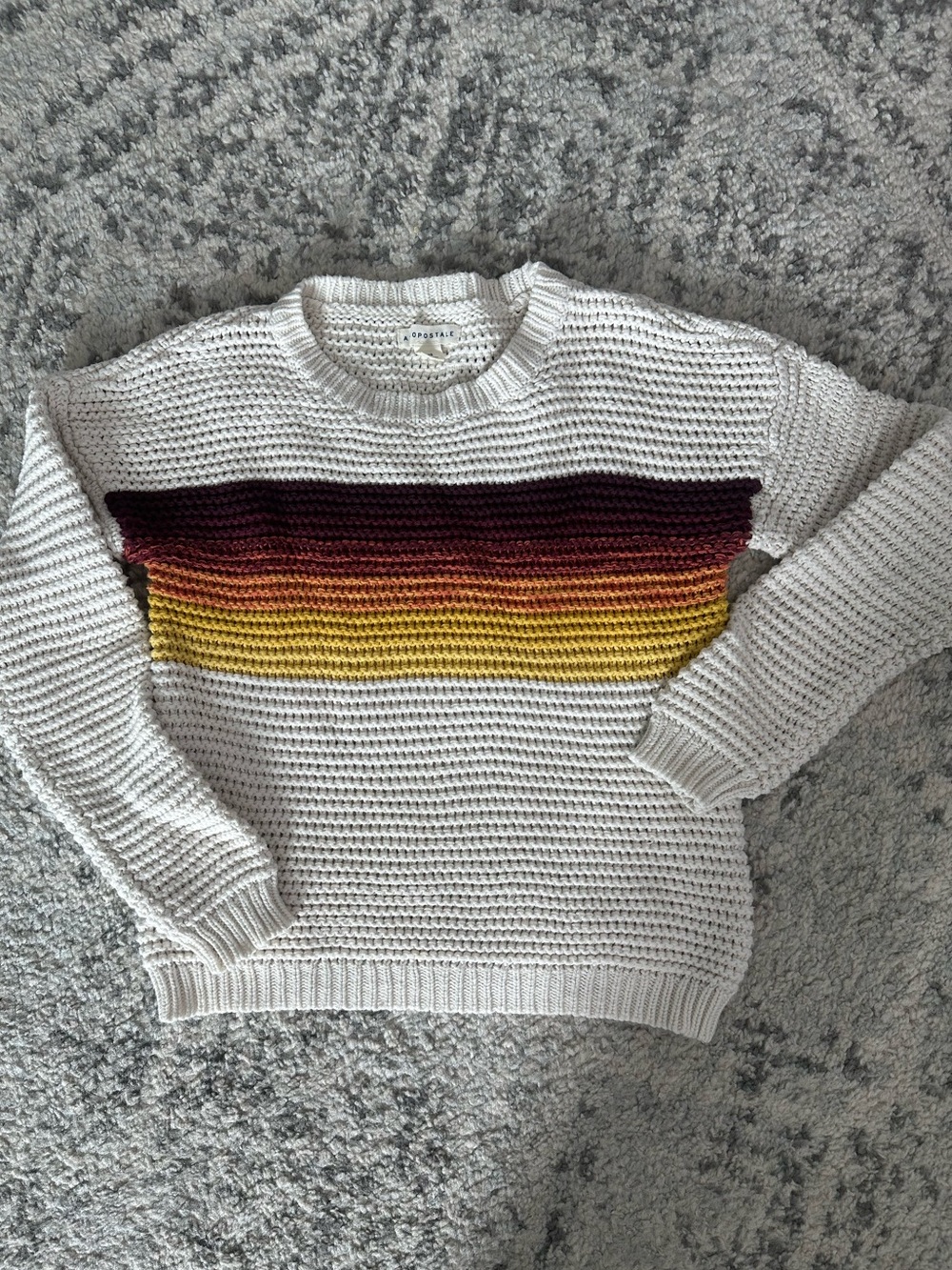 Aeropostale Cream Crewneck Sweater with Burgundy, Orange and Yellow Stripes